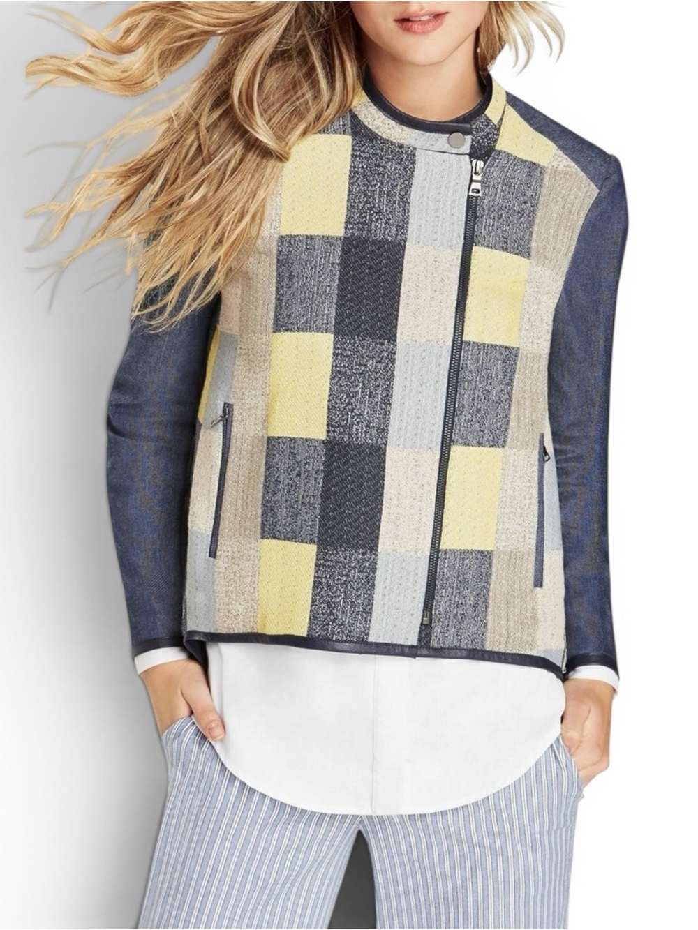 BCBG MAXAZRIA ✘ Jakob Patchwork Moto Jacket Blue Yellow Textured Zip Blazer, S